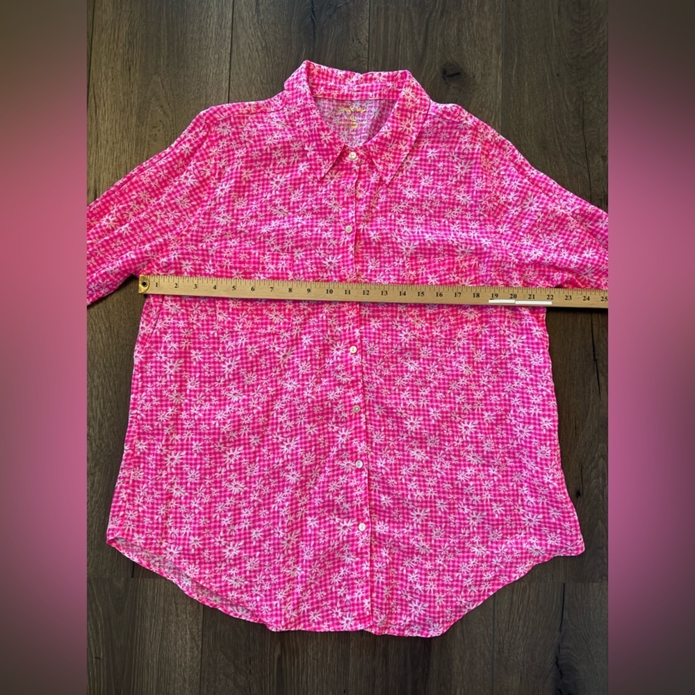 Lilly Pulitzer Sea View linen button-down shirt pink gingham floral Size XL - Picture 9 of 9